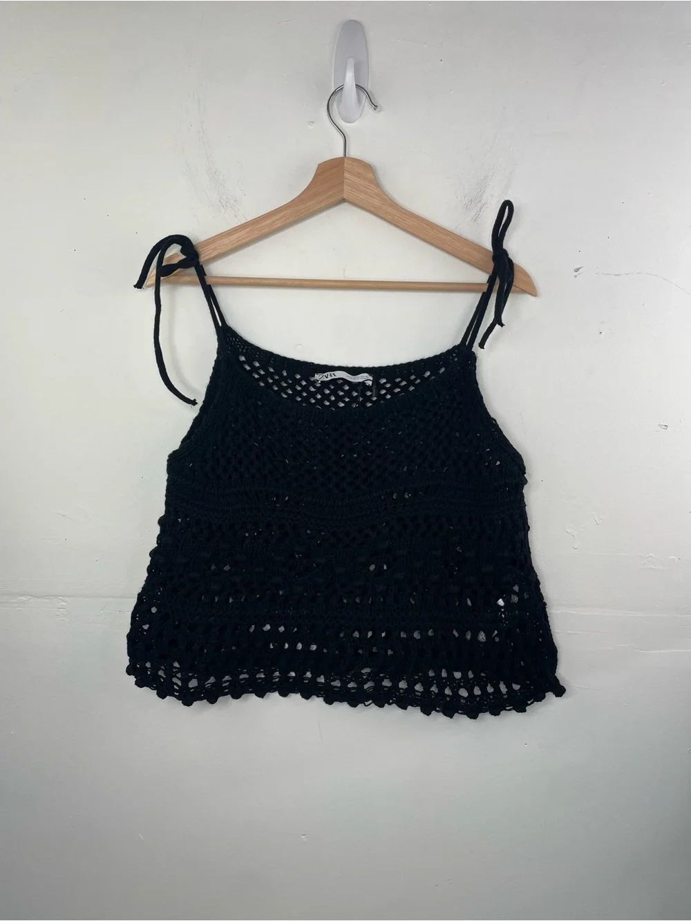 ZARA Black Crochet Knit Tie Strap Crop Tank Top Boho Festival Beach Cover-Up S